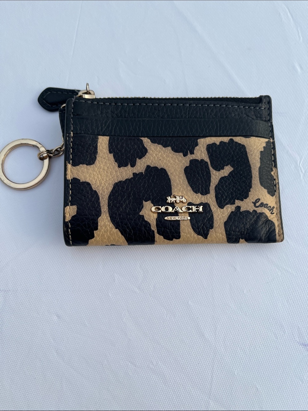 Coach Leopard Print Card Case with Key Ring - Black/Tan